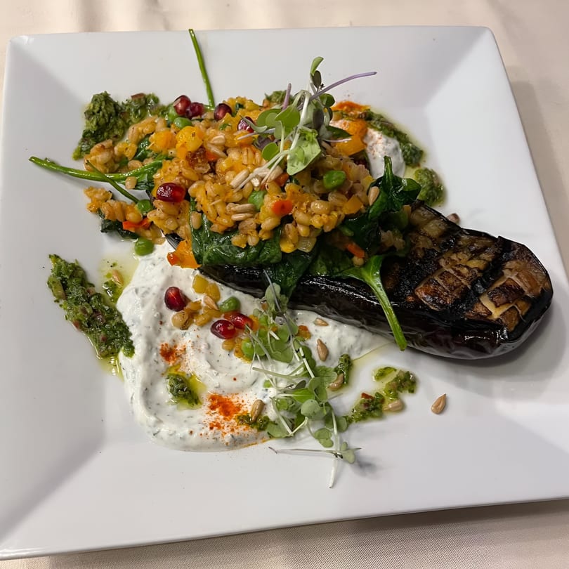 Grilled eggplant with grain pilaf, spinach, pomegranate, and a creamy white sauce with green pesto.