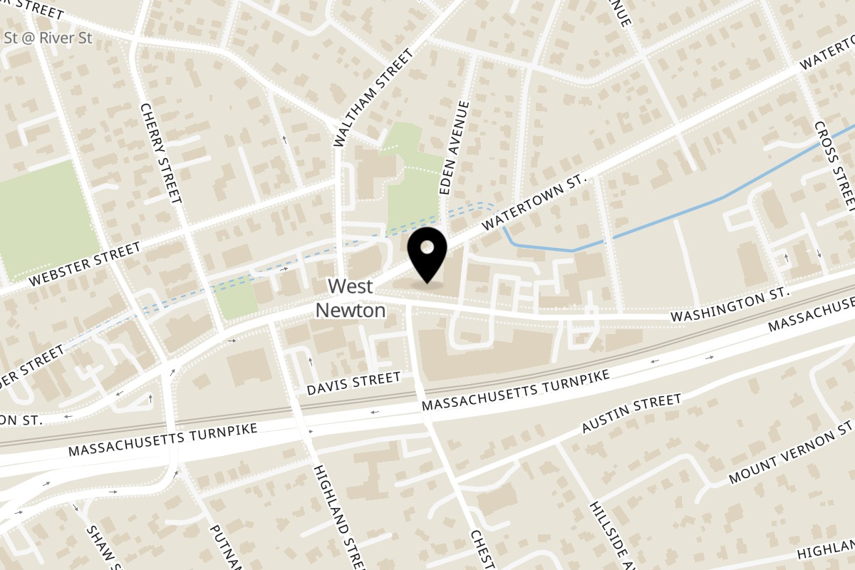 Map showing the location of Blue Salt Restaurant on 1255 Washington St in West Newton